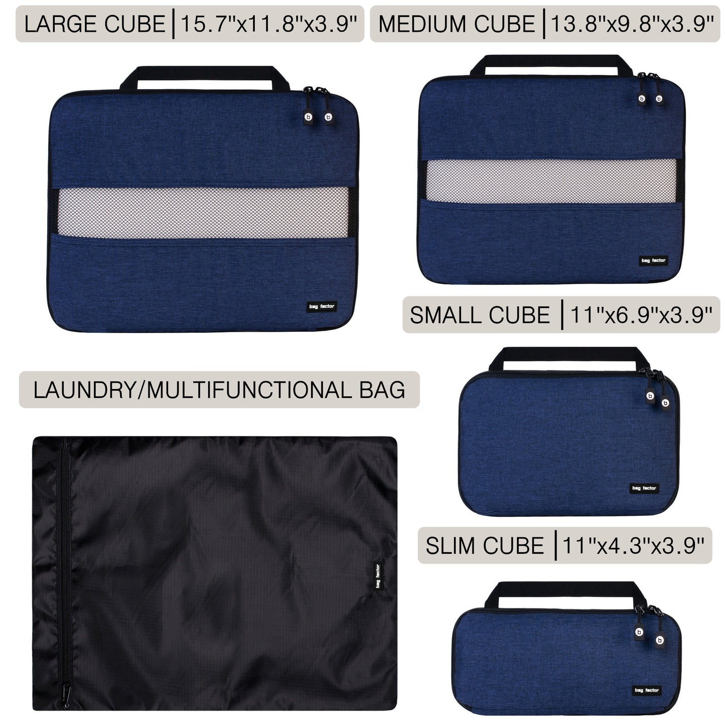 Compression Packing Cubes for Travel - Bag Factor Premium Luggage Organizer Set (Navy Blue)