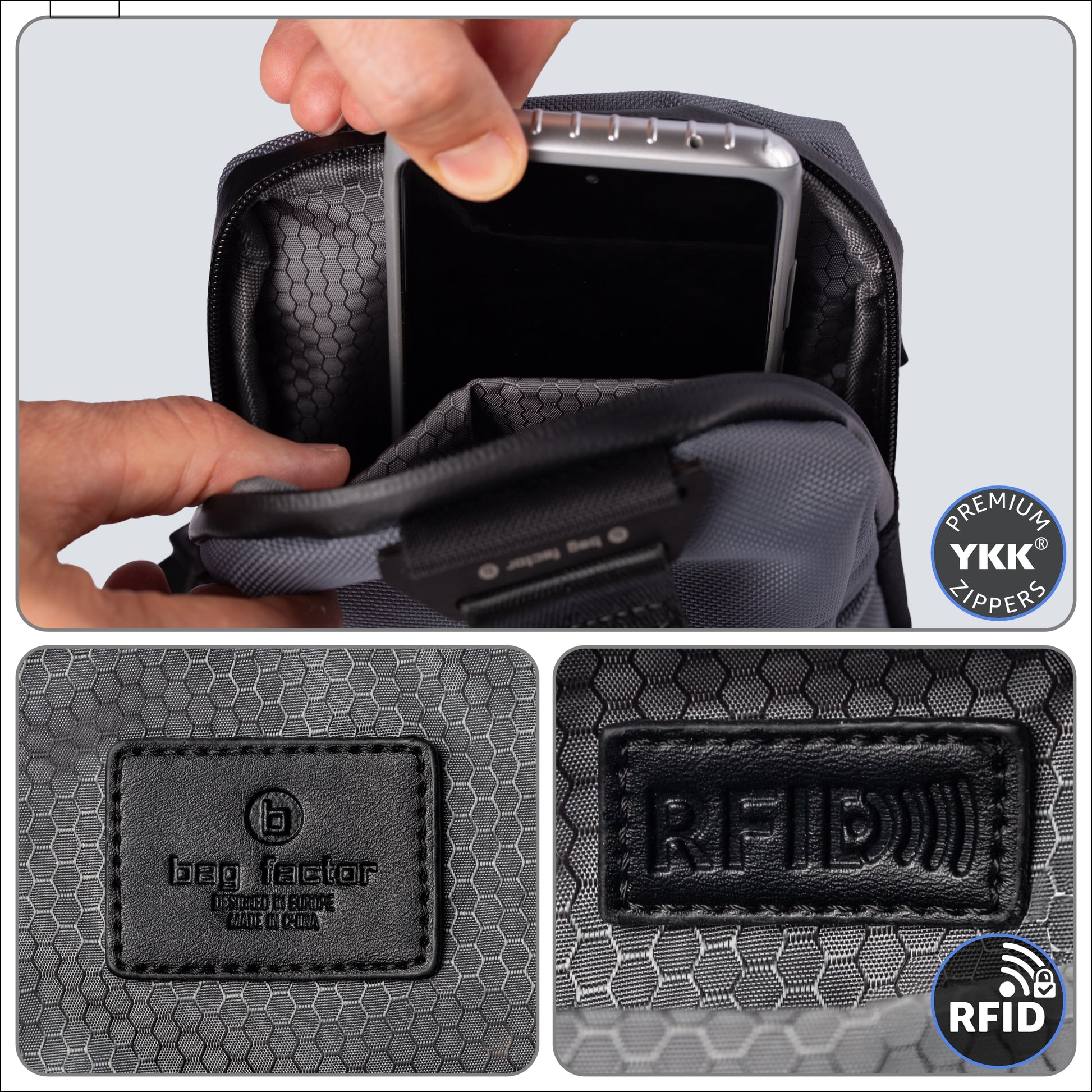 Small Sling Bag Lining and Interior with YKK zippers and RFID pocket