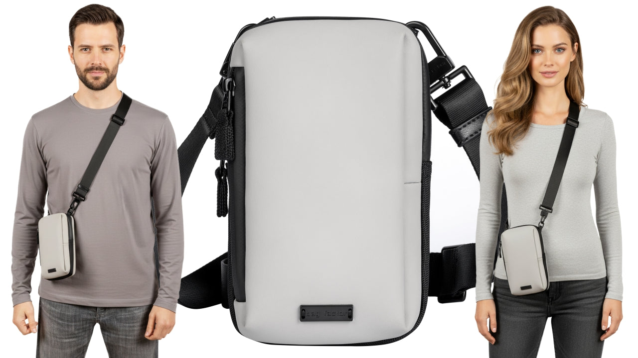 phone sling bag crossbody EDC in grey vegan leather minimalist 2 by Bag Factor