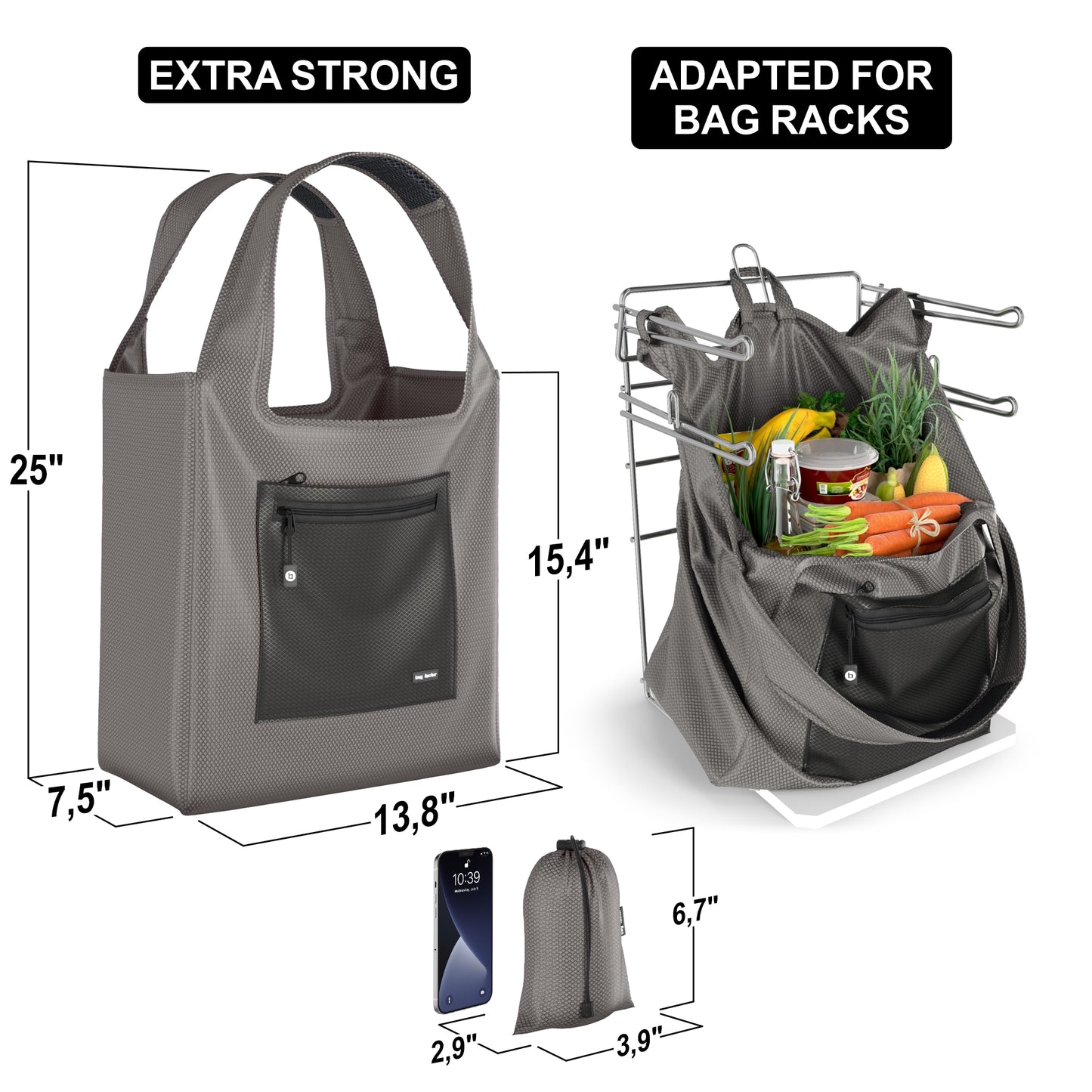 reusable grocery tote bag color gray